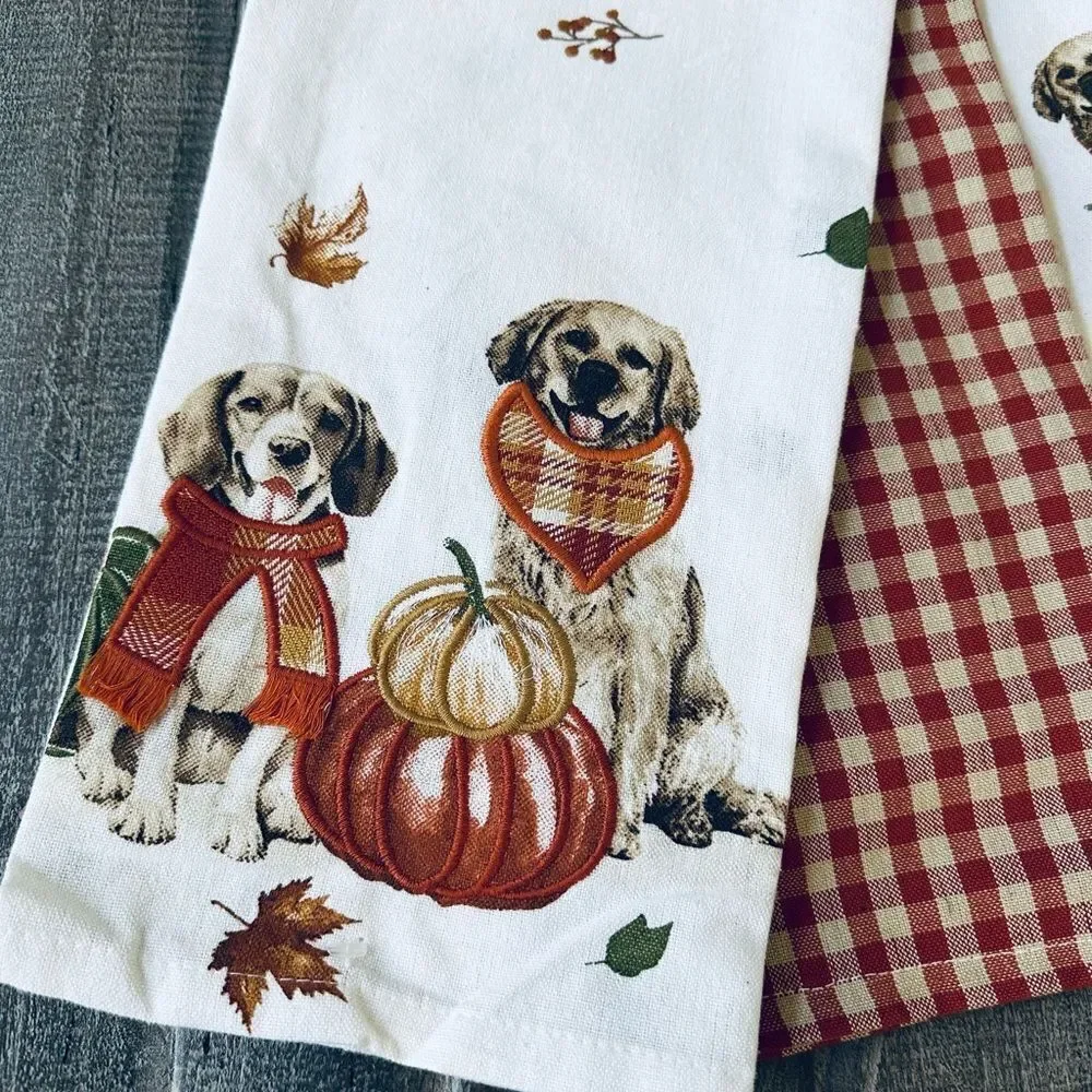 Fall Dogs Embroidered Rachel Zoe Kitchen Dish Towels 3-pc Set
